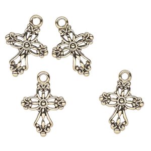 Drop, antique gold-finished "pewter" (zinc-based alloy), 17x14mm fancy cross with cutout. Sold per pkg of 4.