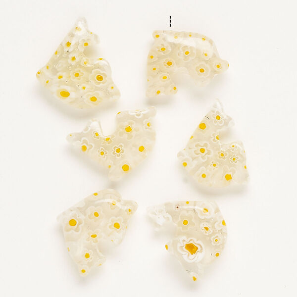 Bead, millefiori glass, clear / translucent orange / white, 18x17mm-25x20mm half-drilled dolphin. Sold per pkg of 6. image number 0