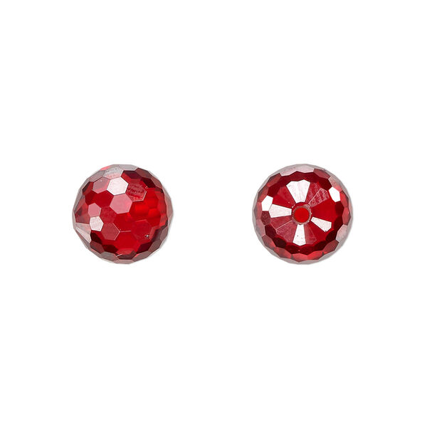 Bead, cubic zirconia, red, 10mm half-drilled faceted round. Sold per pkg of 2. image number 0