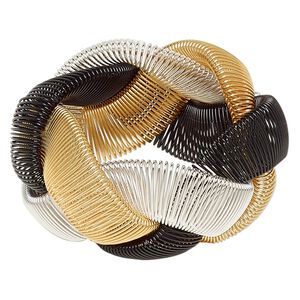 Bracelet, stretch, steel / silver-plated / gold-finished steel, black, 40mm wide with braided design, 6 to 7-1/2 inches. Sold individually.