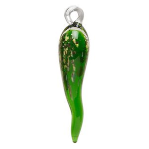 Pendant, lampworked glass, translucent green / yellow / clear with copper-colored foil, 56x15mm chili pepper. Sold individually.