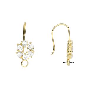 Ear wire fishhook 1pkg2 sterling silver / cubic zirconia, 21.5mm / 9mm faceted flower / closed loop, 20 gauge gold-finished clear 1 pair