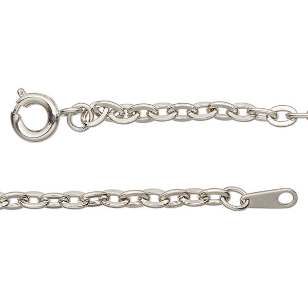 Chain, silver-finished steel, 3mm flat oval cable, 36 inches with springring clasp. Sold individually. image number 0