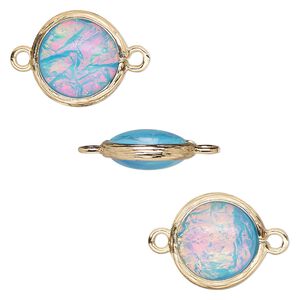 Link, Opalized Ice™, "opal" (resin) and gold-finished brass, light blue, 14mm double-sided round. Sold per pkg of 4.