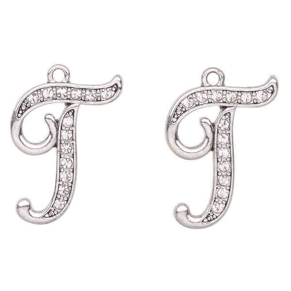 Charm, antique silver-finished "pewter" (zinc-based alloy) and glass, clear, 25x21mm letter "T". Sold per pkg of 2. image number 0