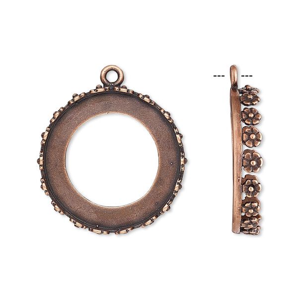 Drop, JBB Findings, antique copper-plated brass, 22mm round with open back and flower design trim, 20mm round bezel setting. Sold per pkg of 2. image number 0