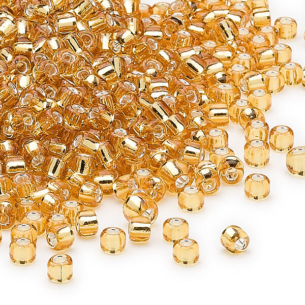 Seed bead, Dyna-Mites™, glass, silver-lined translucent gold, #8 round. Sold per 1/2 kilogram pkg. image number 0