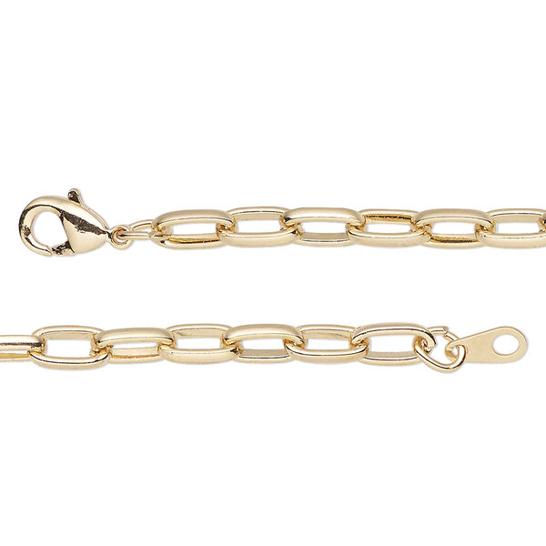 Chain, gold-finished steel, 4mm paperclip, 36 inches with lobster claw clasp. Sold individually. image number 0