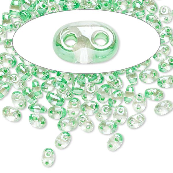 Seed bead, Preciosa Twin™ Czech glass, pkg/10g, 5x2.5mm oval, transparent light green terra color-lined clear, (38656). image number 0