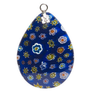 Focal, millefiori glass and silver-finished steel 1pkg1, translucent cobalt blue and multicolored, 39x30mm-40x31mm puffed teardrop.