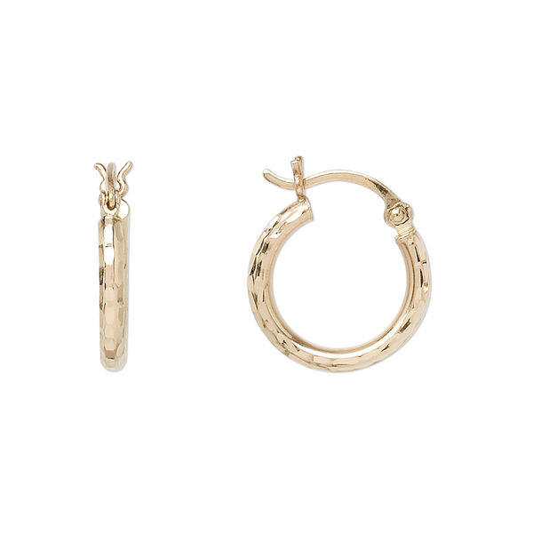 Earring, 14Kt gold, 15mm diamond-cut round hoop with latch-back closure. Sold per pair. image number 0