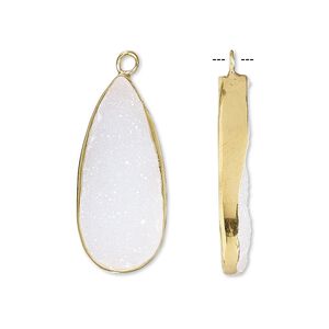 Drop, white druzy agate (natural) and gold-finished sterling silver, 27x12mm single-sided teardrop. Sold per pkg of 2.