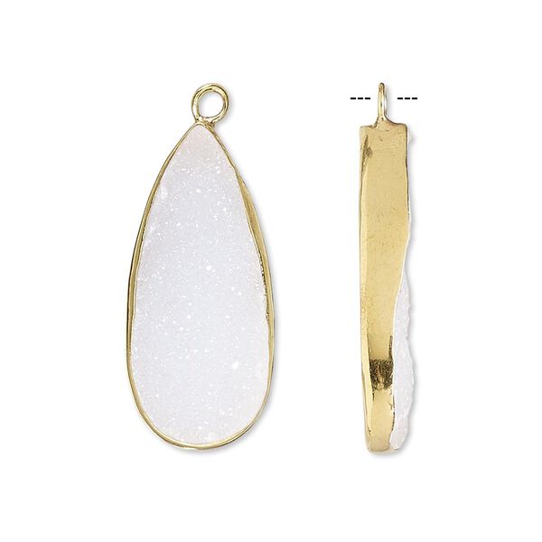 Drop, white druzy agate (natural) and gold-finished sterling silver, 27x12mm single-sided teardrop. Sold per pkg of 2. image number 0