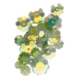 Bead mix, glass, translucent green AB, 6-14mm margarita flower. Sold per pkg of 20.