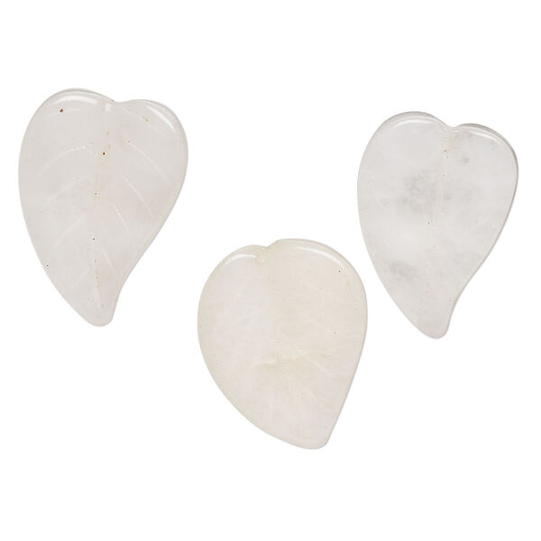 Bead, snow quartz (natural), 25x20mm single-sided carved leaf, B grade, Mohs hardness 7. Sold per pkg of 3. image number 0