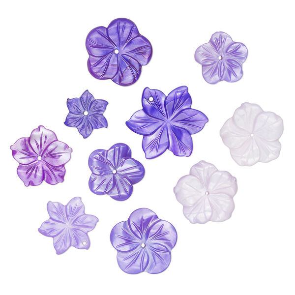 Focal and component mix, mother-of-pearl shell (dyed), multi-purple, 12-25mm hand-carved flower, Mohs hardness 3-1/2. Sold per pkg of 10. image number 0