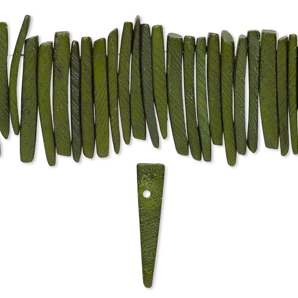 Bead, coconut palm wood (dyed / waxed), dark green, 25x4mm hand-cut top-drilled stick. Sold per 15-1/2" to 16" strand. image number 0