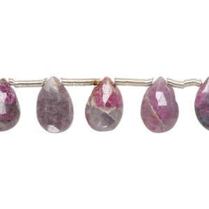 Ruby in quartz 1pkg18, hand-cut top-drilled faceted puffed teardrop bead natural 9x6mm-13x8mm
