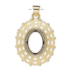 Pendant, gold-plated "pewter" (zinc-based alloy), 28.5x24.5mm fancy oval with 16x12mm oval setting. Sold per pkg of 4.