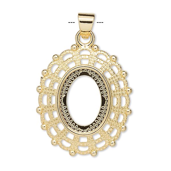 Pendant, gold-plated "pewter" (zinc-based alloy), 28.5x24.5mm fancy oval with 16x12mm oval setting. Sold per pkg of 4. image number 0