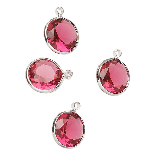Drop, silver-finished brass, translucent rose, 10mm faceted round with open back. Sold per pkg of 4. image number 0