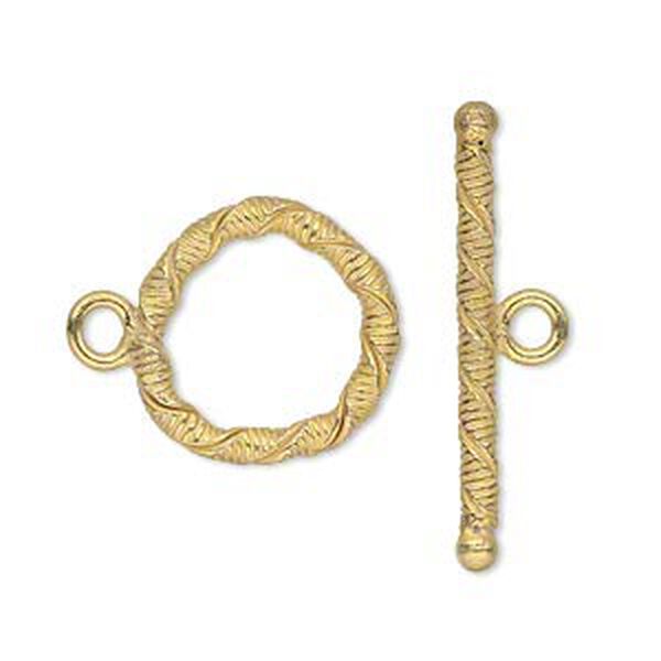 Clasp, toggle, gold-finished copper, 18mm textured round with twist. Sold per pkg of 4. image number 0