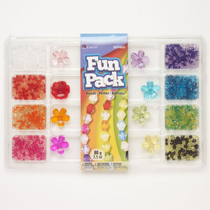 Bead mix 1pkg1, acrylic, mixed colors, 6mm faceted round / 6mm faceted bicone / 30.5mm flower, 2.5 ounces