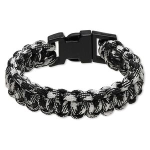 Bracelet, nylon paracord and plastic, black and white, 18mm wide survival with camo design, 7 inches with buckle clasp. Sold individually.