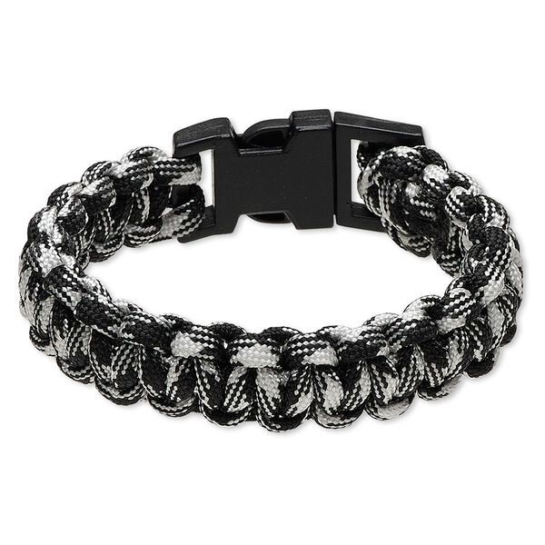 Bracelet, nylon paracord and plastic, black and white, 18mm wide survival with camo design, 7 inches with buckle clasp. Sold individually. image number 0