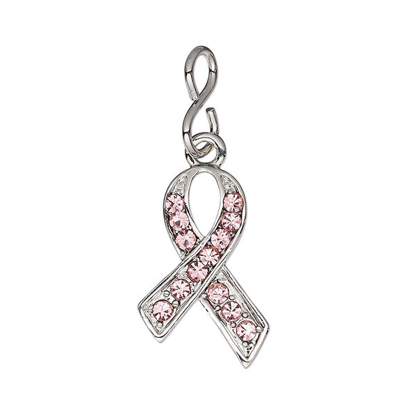 Charm, glass rhinestone with imitation rhodium-plated brass and "pewter" (zinc-based alloy), pink, 22x14mm single-sided awareness ribbon. Sold individually. image number 0