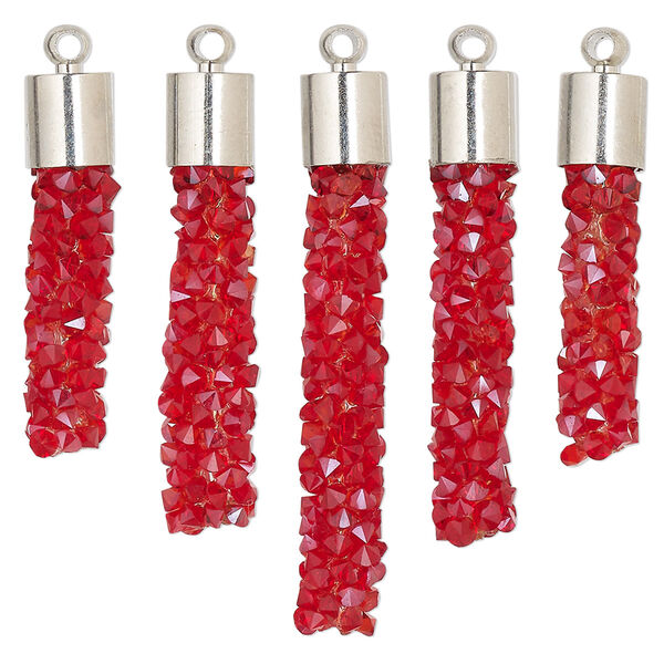 Focal, glass / resin / imitation rhodium-finished brass, red, 22.5x6mm-37x6mm graduated fan stick. Sold per 5-piece set. image number 0