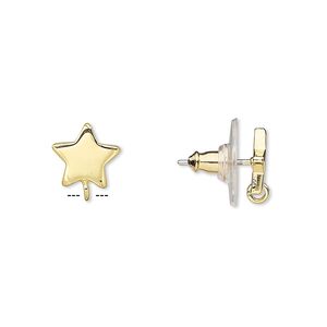 Earstud 1pkg4 gold-plated, 9mm star / closed loop / earnuts, stainless steel / steel 2 pair