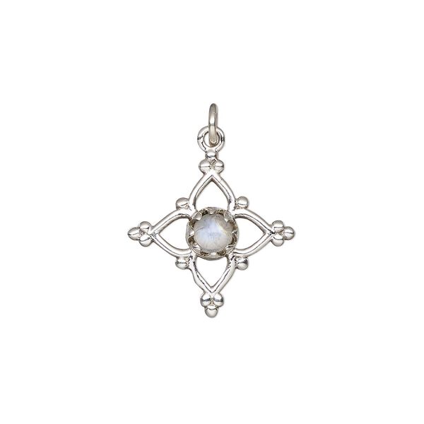 Rainbow moonstone / sterling silver 1pkg1, open beaded diamond drop natural antiqued 17x17mm image number 0