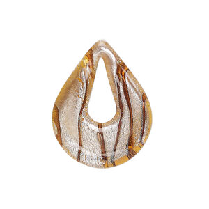Drop, lampworked glass 1pkg1, translucent tan and clear with silver-colored foil, 27x21mm-28x21mm undrilled single-sided teardrop go-go.