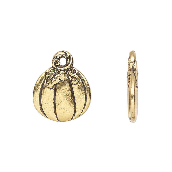 Charm, TierraCast®, antique gold-plated pewter (tin-based alloy), 18x15mm two-sided pumpkin. Sold per pkg of 2. image number 0
