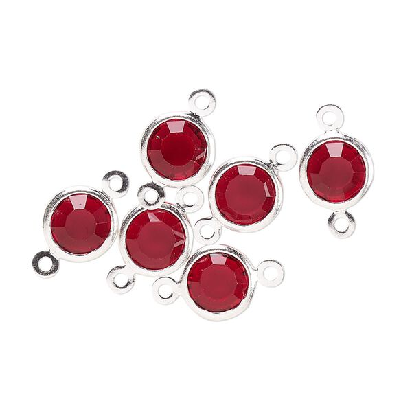 Link, glass rhinestone and silver-finished brass, garnet red, 8-9mm faceted round. Sold per pkg of 6. image number 0