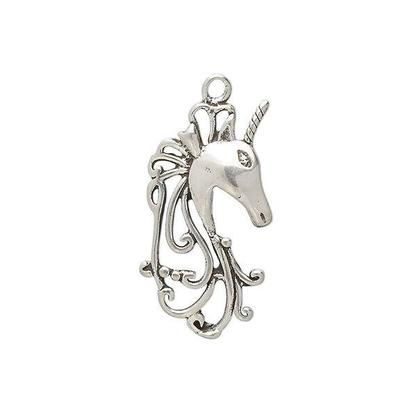 Charm, antiqued sterling silver, 22x12mm unicorn. Sold individually. image number 0