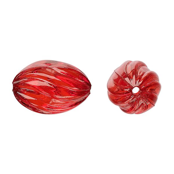 Bead, acrylic, red, 20x13mm fluted oval. Sold per 100-gram pkg, approximately 50 beads. image number 0