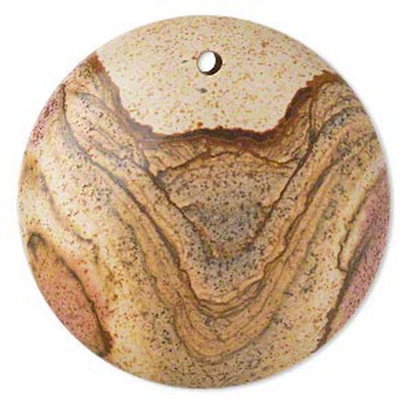 Focal, picture jasper (natural), 40mm hand-cut top-drilled round with flat back, B grade, Mohs hardness 6-1/2 to 7. Sold individually. image number 0