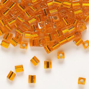 Seed bead, Miyuki, glass, pkg/25g, 3.5-3.7mm square, transparent silver-lined orange (SB-8).