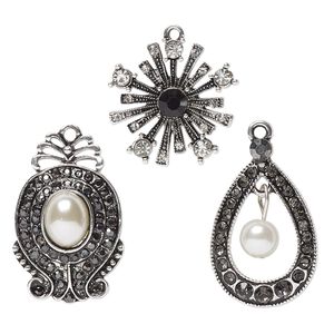 Drop, antique silver-finished "pewter" (zinc-based alloy) / glass / acrylic, multicolored, 23mm single-sided burst / 30x19mm single-sided teardrop / 30x20mm single-sided overall. Sold per 3-piece set.