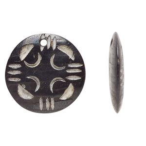 Drop, bone (dyed), black and tan, 23-24mm flat round. Sold per pkg of 4.