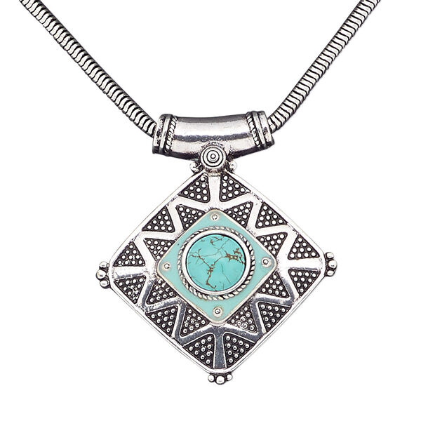 Necklace, magnesite (dyed / stabilized) / antique silver-plated brass / steel / "pewter" (zinc-based alloy), turquoise blue, 50x50mm diamond, 16 inches with 2-inch extender chain and lobster claw clasp. Sold individually. image number 0