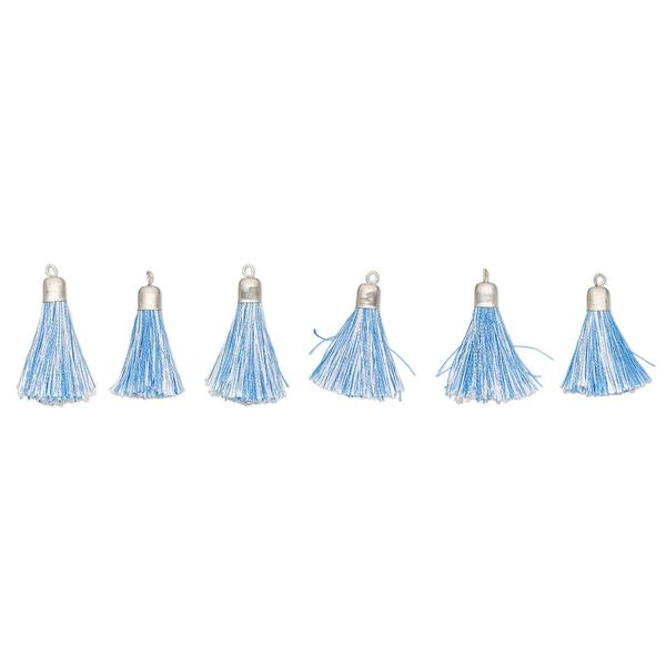 Tassel, silver-finished steel, blue and white, 1-inch. Sold per pkg of 6. image number 0