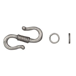 Clasp S-hook 1pkg12 "pewter" (zinc alloy), 23x14mm double-sided / 6mm 19 gauge open jump ring, antique silver-finished 1-strand