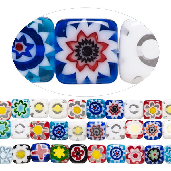 Bead mix, millefiori glass, opaque to transparent multicolored, 8mm flat square with 0.8-1mm hole. Sold per pkg of (3) 14-inch strands. image number 0