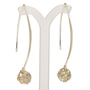 Earring, gold-finished steel, 2-3/4 inches with marquise and fishhook ear wire. Sold per pair.