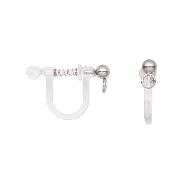 Earring, clip-on, stainless steel and acrylic, clear, 11mm with spring closure and 3mm ball with open loop. Sold per pkg of 2 pairs. image number 0