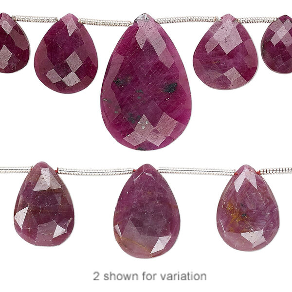 Bead, Indian ruby (natural), 11x8mm-20x12mm graduated hand-cut top-drilled faceted puffed teardrop, C grade, Mohs hardness 9. Sold per 8-inch strand, approximately 10 beads. image number 0