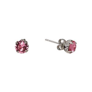 Earstud, Everyday Jewelry™, Crystal Passions® and silver-plated "pewter", rose, 6.5mm round. Sold per pair.
